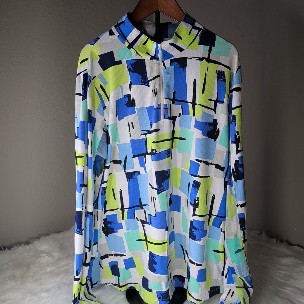 IBKUL Pullover Mesh Long Sleeve Shirt Women's Large 1/4 Zip Colorful Geometric